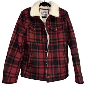 Levi Strauss Co Mens Plaid Sherpa Lined Trucker Jacket Red & Black Size Small